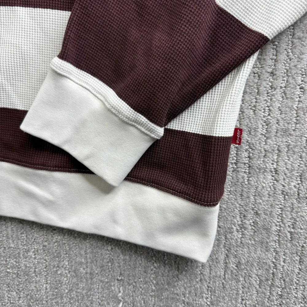 Levis Relaxed Fit Waffle Knit Striped Hoodie Mens XL Maroon White Pullover